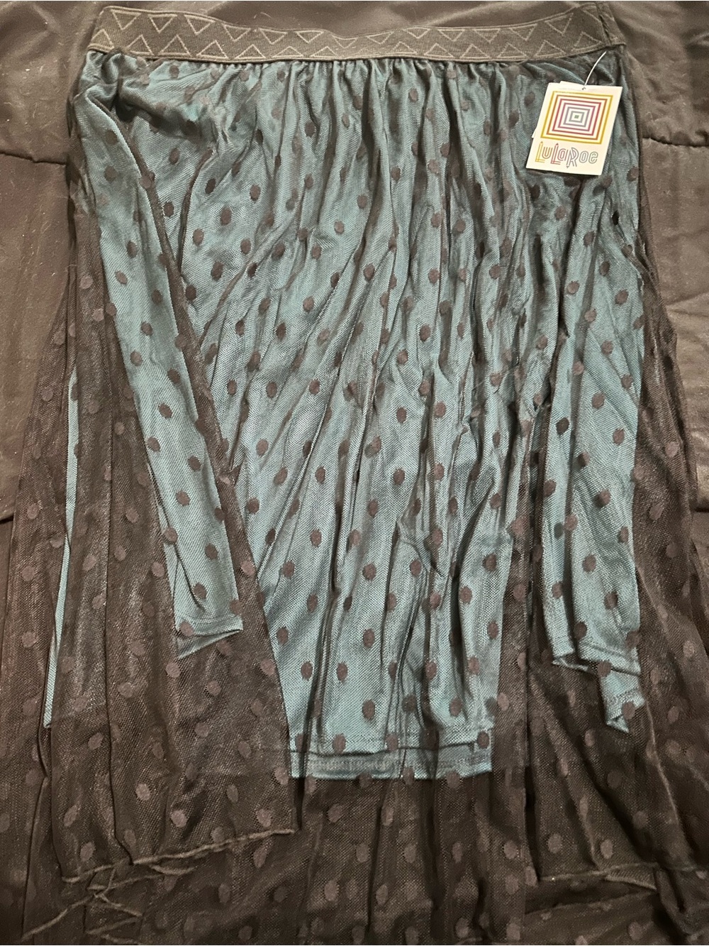 LuLaRoe Teal and Black Dot Overlay Skirt